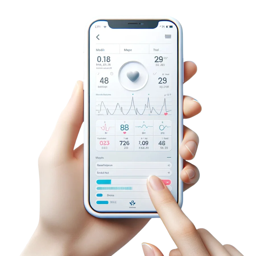 Smartphone che mostra una dashboard con parametri cardiaci e grafici di andamento